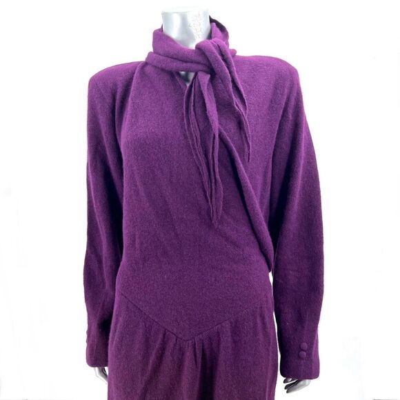 VTG Vicunol Argentina Purple Merino Angora Wool Long Slv Sweater Dress & Sash - Picture 2 of 10